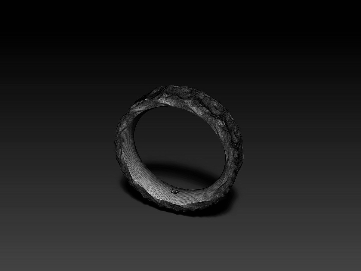 Wireframe view of Rock and Wave Ring showing the polygonal mesh and smooth inner surface of the digital sculpture